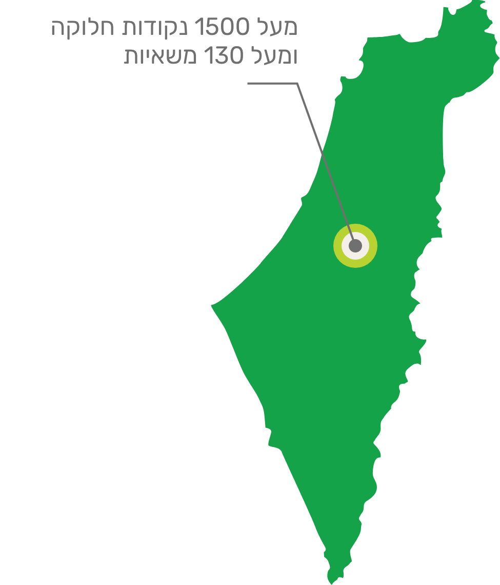 מפת ישראל עם סימון במרכז הארץ: מעל 1500 נקודות חלוקה ומעל 130 משאיות