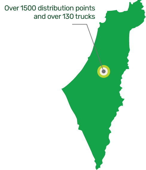 Map of Israel with a marker in the centre of the country: over 1500 distribution points and over 130 trucks